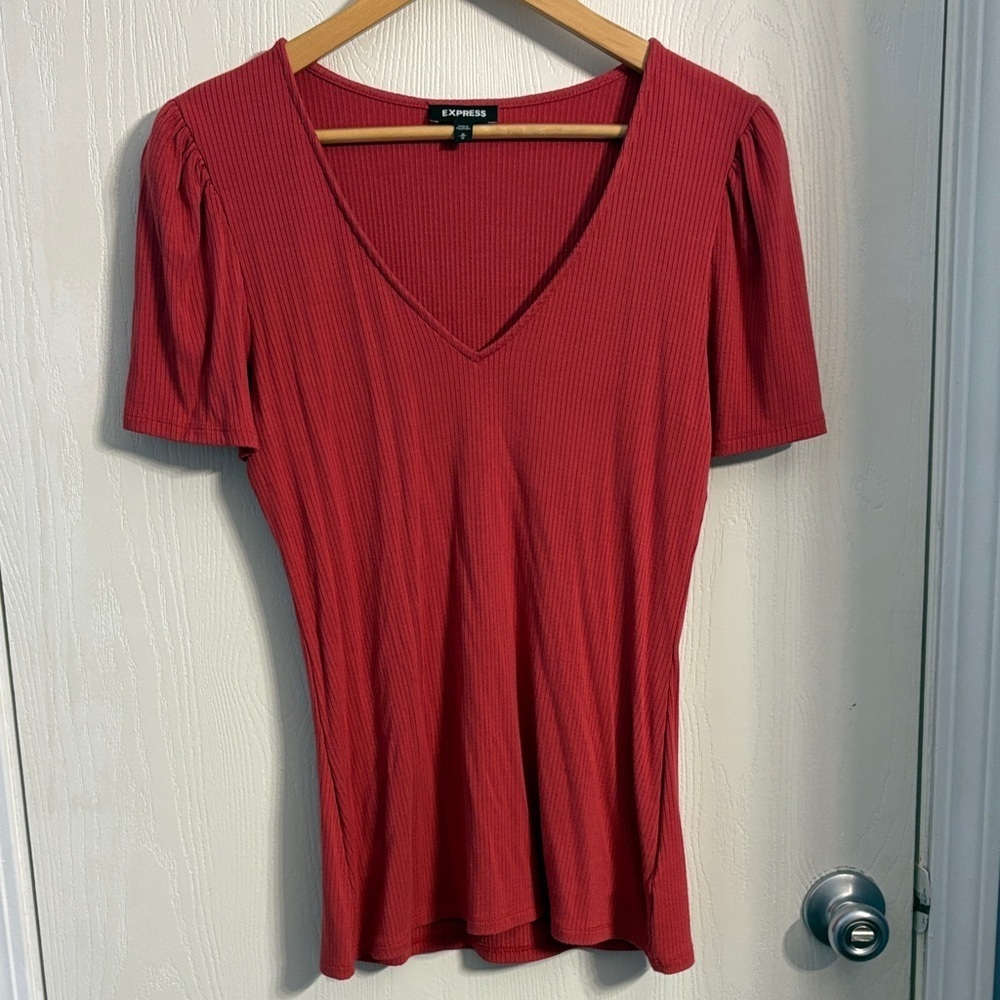 Express Women's Burnt Orange Ribbed Short Sleeve Top